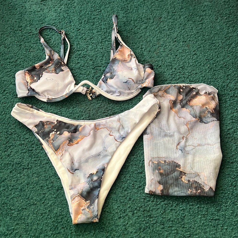3 piece water & gold design bikini set